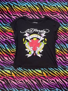 Ed Hardy Cropped Black Tee with Red Heart
